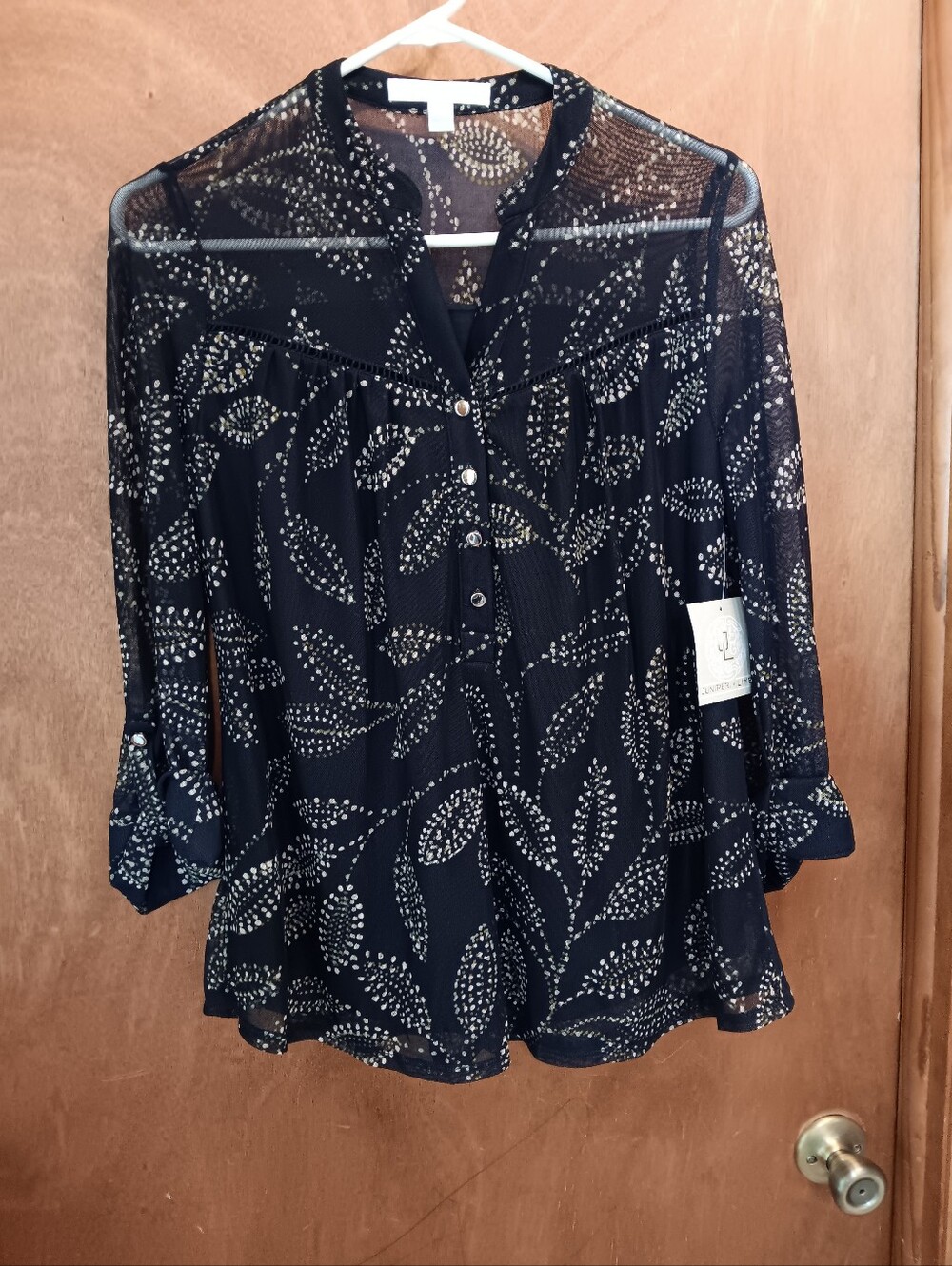Juniper & Lime Sheer Navy Dot Leaf Button-Front Blouse